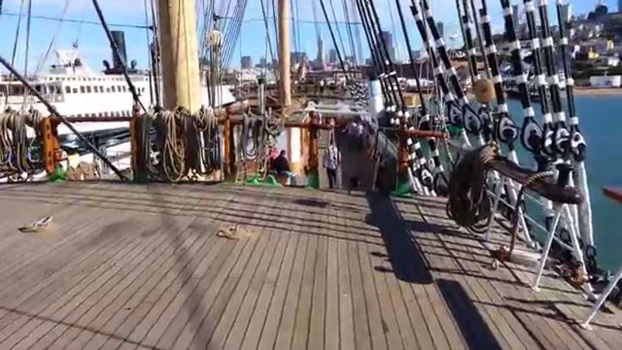 Balclutha Square Rigged Sailing Ship topsides tour. Aft to forward. Hyde Street Pier San ...