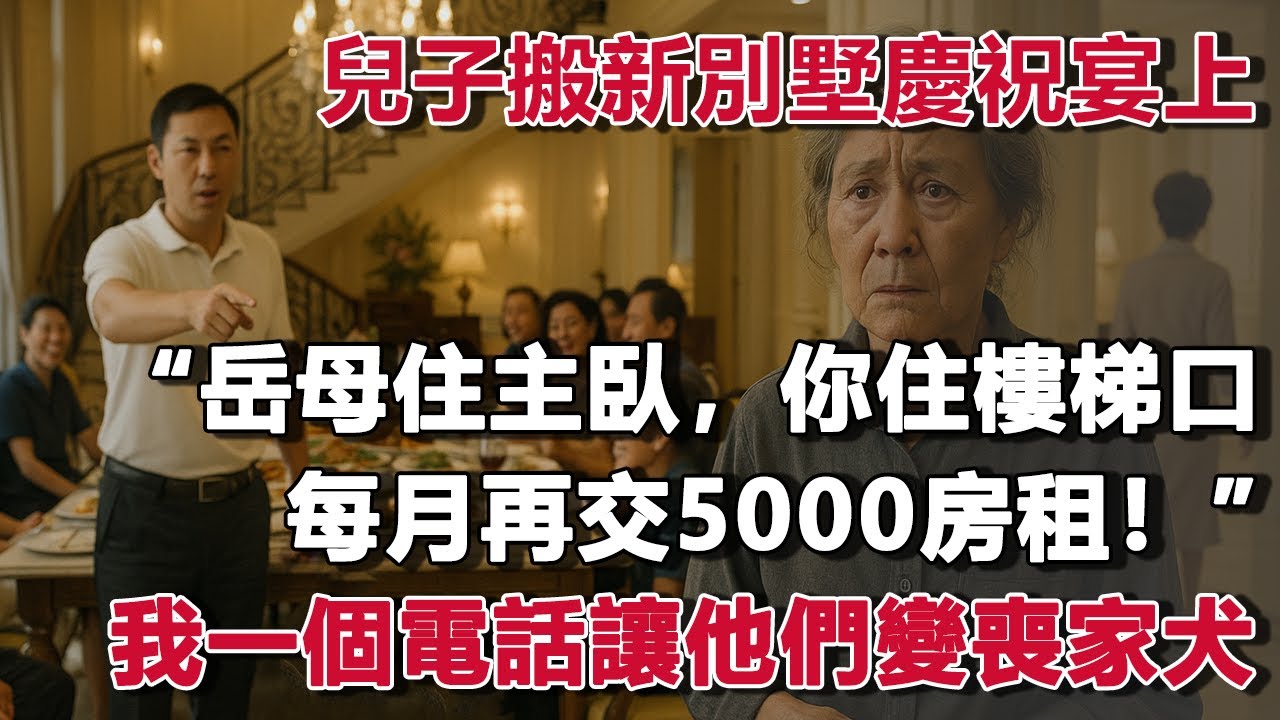 兒子搬新別墅慶祝宴上：“岳母住主臥，你住樓梯口，每月再交5000房租！”我一個電話讓他們變喪家犬！#夜讀人生 #朝夕書卷  #情感故事  #為人處世 #不肖子孫 #養老故事 #樂齡故事匯