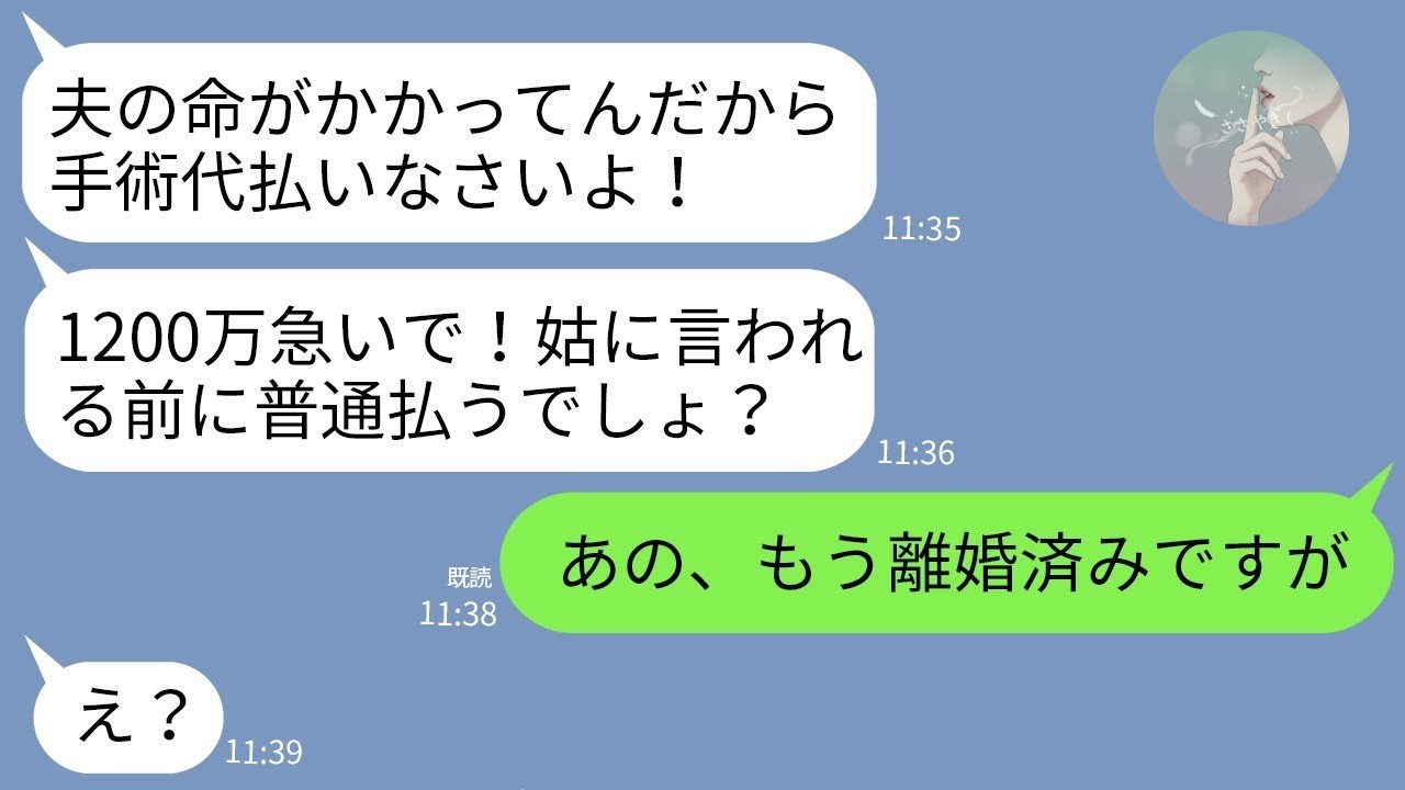 【LINE】義母「息子の手術に1200万払え！嫁失格！」→私「もう離婚済みですが？」義母の反応がwww【スカッと】