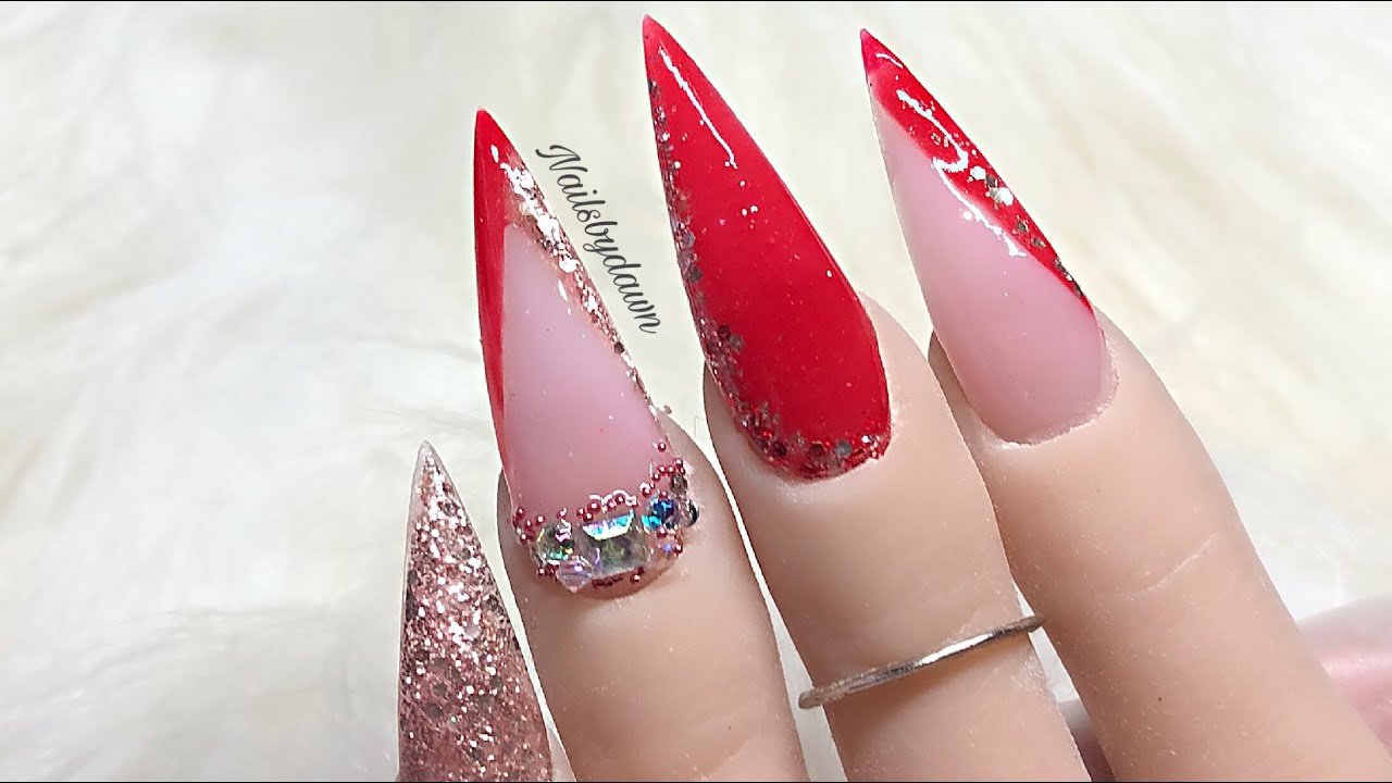 Elegant Christmas Nails - Red And Rose Gold Acrylic Nails - YouTube