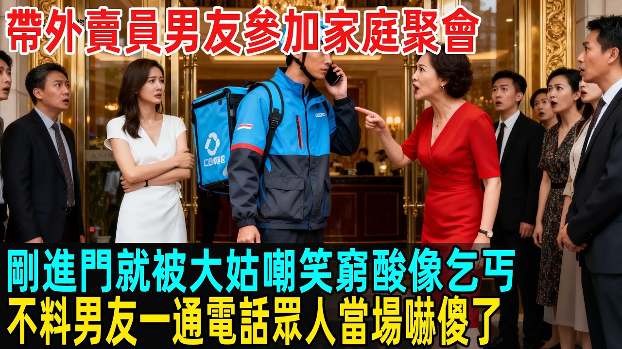 帶外賣員男友參加家庭聚會，剛進門就被大姑嘲笑窮酸像乞丐，不料男友一通電話眾人當場嚇傻了...#故事頻道 #感人壹幕 #分享#老年生活 #人生感悟