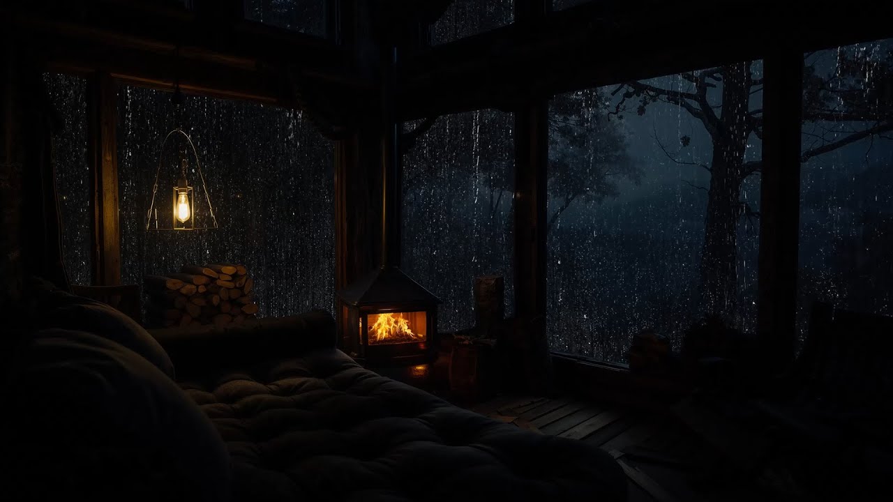 Rain in Cabin at Night with Fireplace | Sleeping Rain Sounds for Deep ...