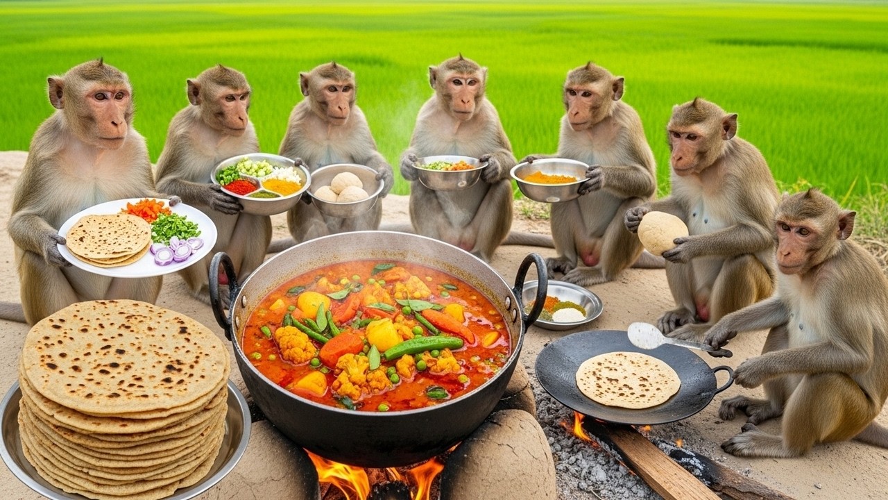 🐒 Monkeys Made Roti + Veg Curry Combo | Jungle Village Style 🫓🔥😱