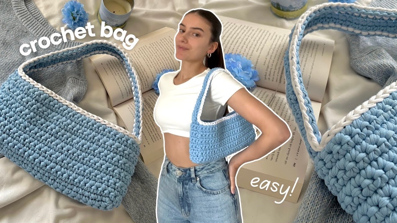 Как связать крючком простую сумку через плечо 🩵 Вязаная крючком сумка из пряжи для футболок