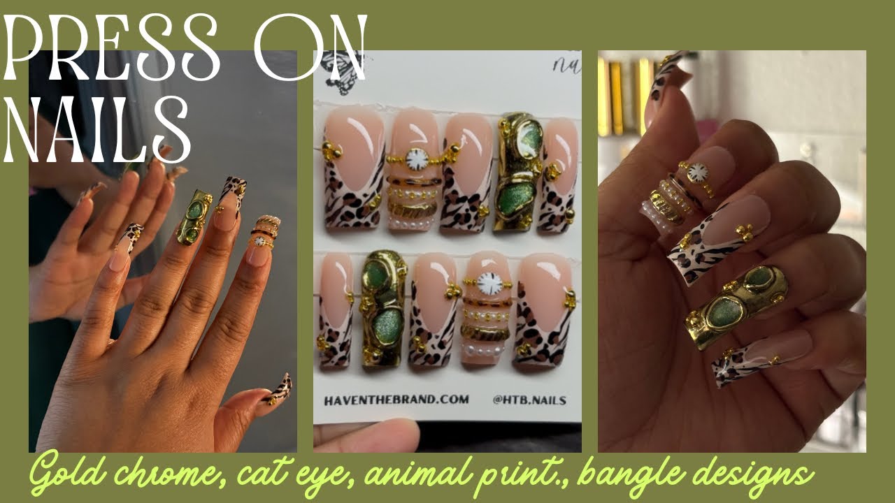 HOW TO: Press On Nail Tutoria! Bangle nails ,cheetah/zebra print ,gold chrome nails |HavenTheBrand✨ 