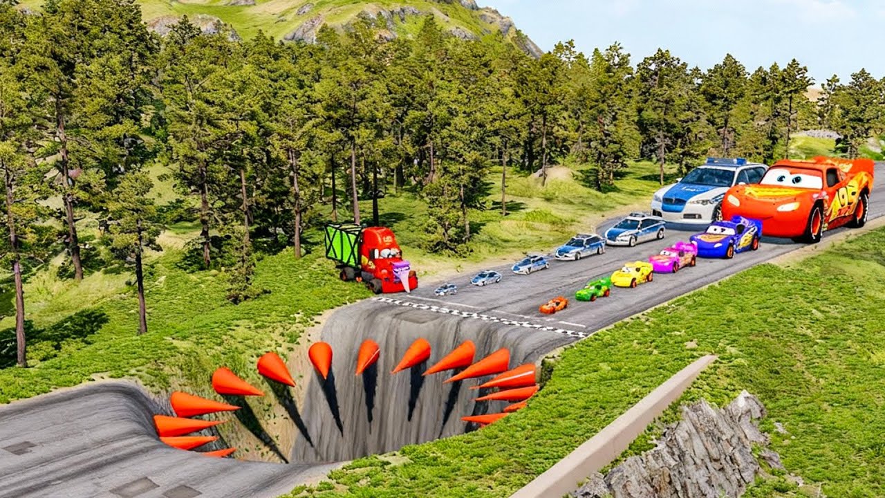 Big & Small McQueen & Police Car vs Zombie Mack, Giant Water Pit & Speed Bumps Downhill Race|BeamNG