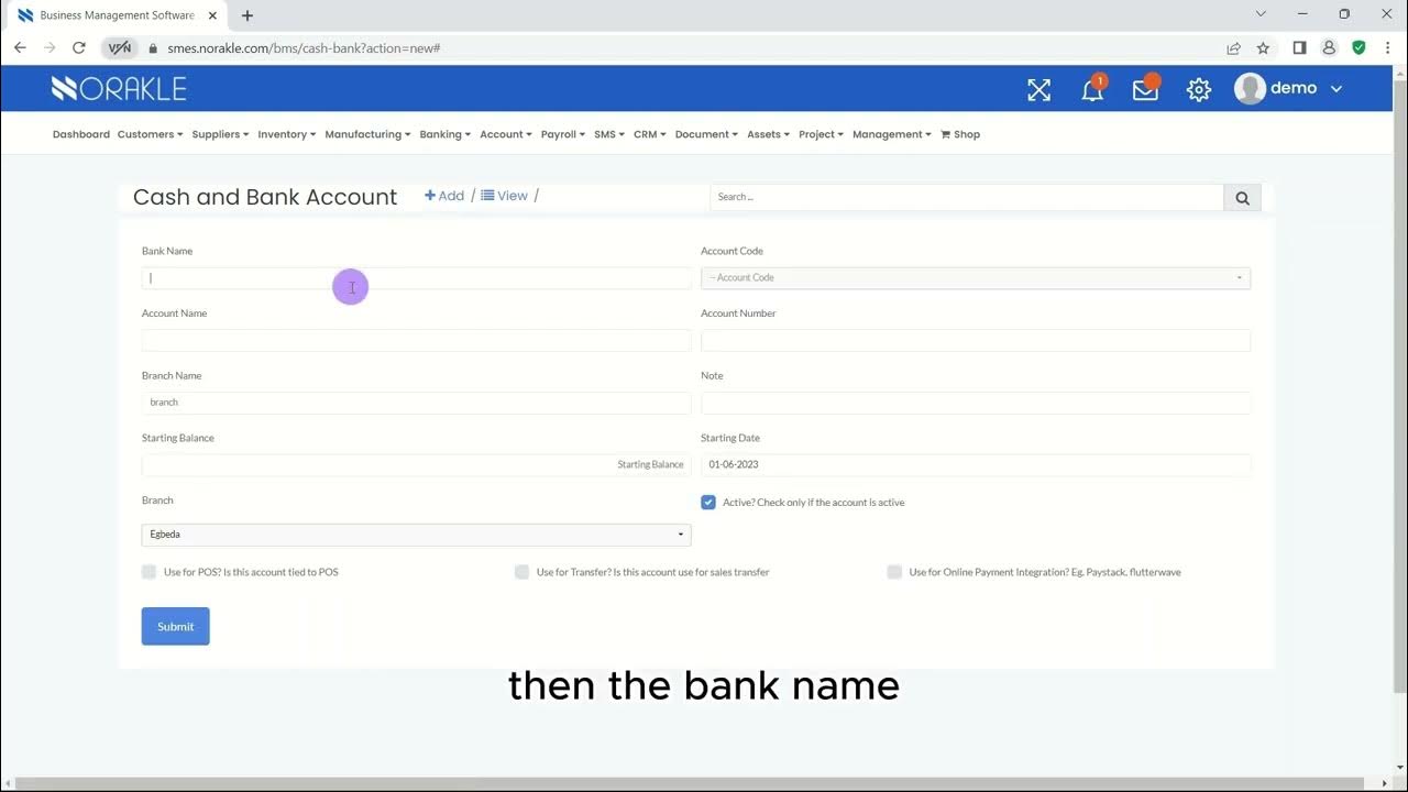 HOW TO ADD CASH OR BANK ACCOUNT IN BANKING NORAKLE SOFTWARE YouTube