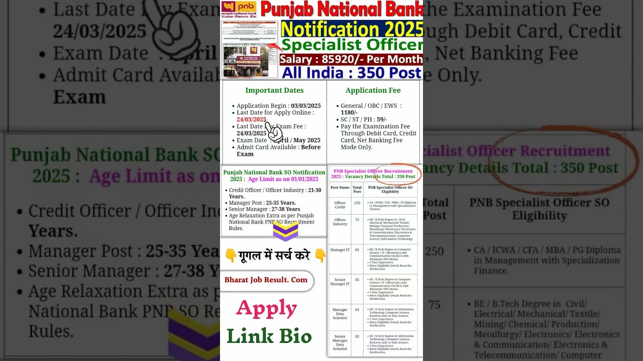 Punjab National Bank PNB Specialist Officer SO Recruitment 2025 Apply Online for 350 Post