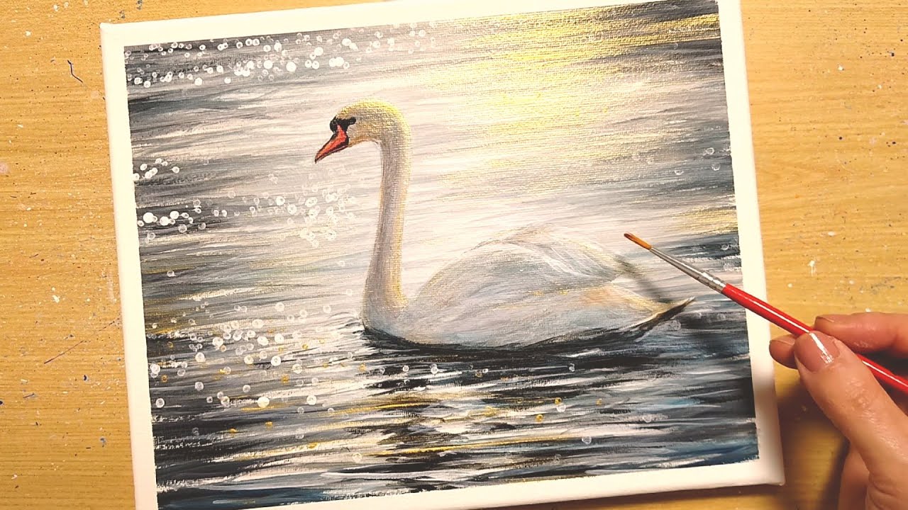 絵画　アクリル絵　アクリル絵の具　画材 キャンバス　白鳥　原画 How to draw [Swan] with acrylic paint / Simple acrylic painting