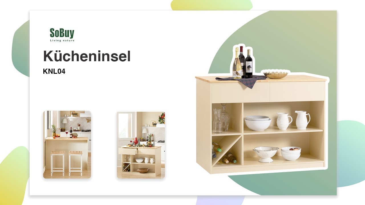 SoBuy Kücheninsel 120x90x60 Cm – Freistehender Schrank Mit 5 Fächern & 2 Schubladen, In Beige