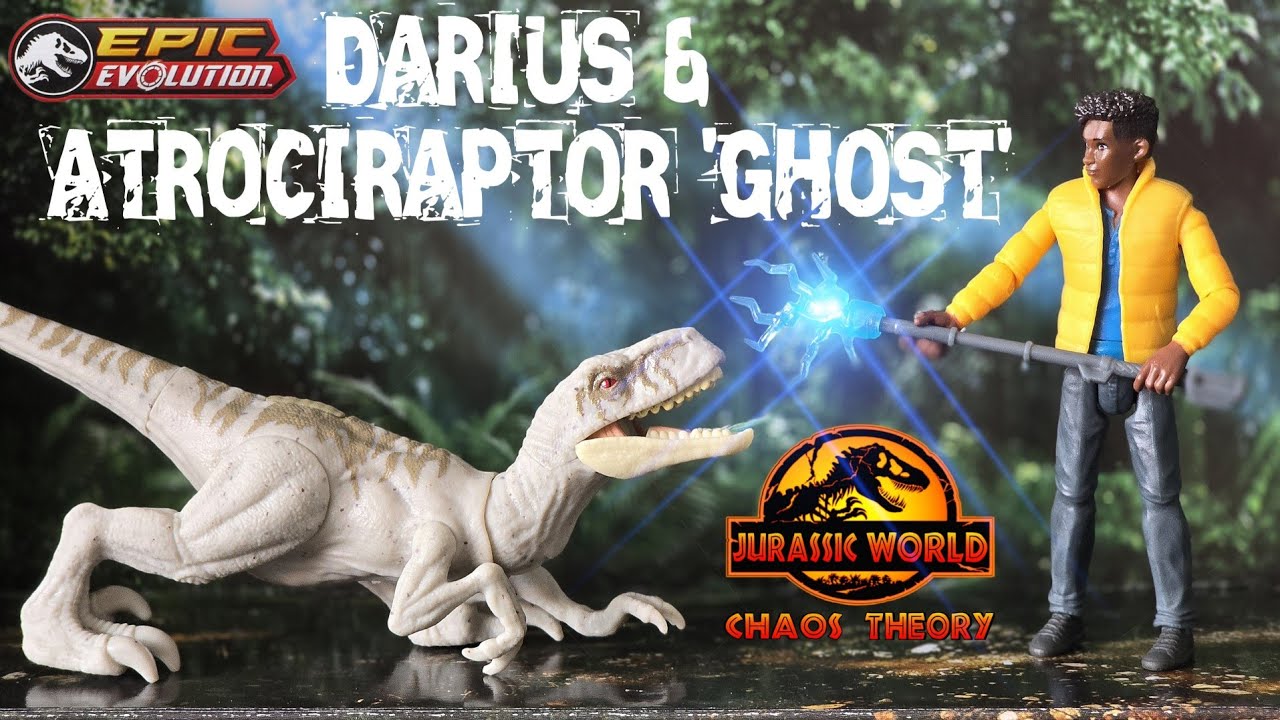 Mattel Jurassic World: Chaos Theory Set con 2 action figure, pacchetto incontro con Darius & Atrociraptor Ghost Plus 2 accessori in scala 9,5 cm