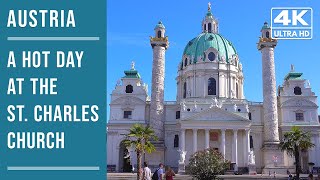 A super hot day at the St. Charles Church (Karlskirche) in Vienna, Austria (4k)