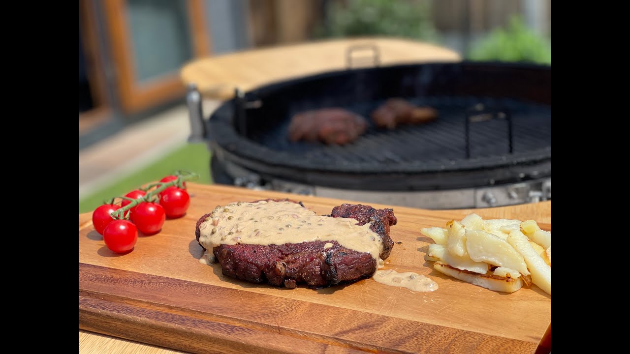 Kamado Ribeye Steak Ribeye Steak with Creamy Green Peppercorn Sauce