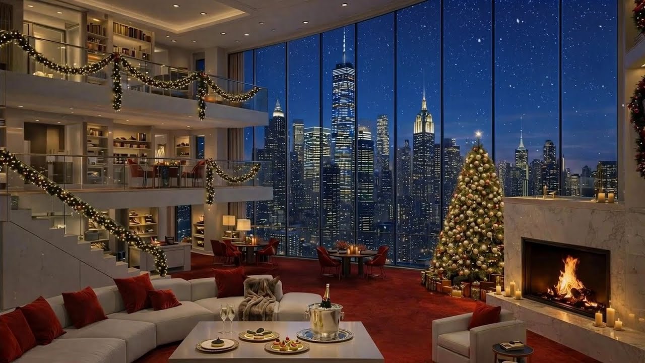 Cozy Luxury Penthouse Skyline | Christmas | 4K Winter Ambience | 2026