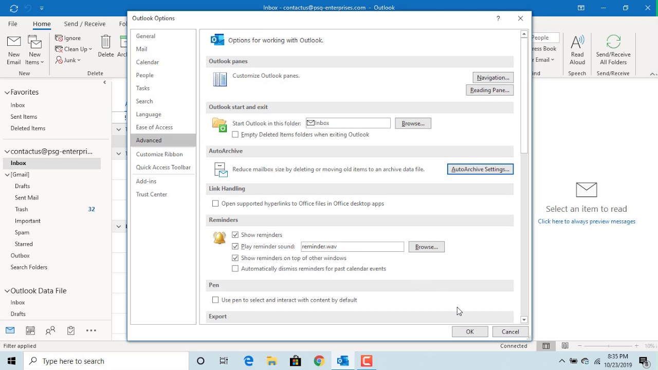 Archiving your old emails in Outlook