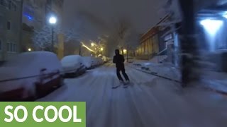 Heavy snowfall allows for urban skiing in Sofija, Bulgaria