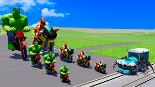 Big & Small Ironman with Saw wheels vs Hulk on a motorcycle vs Trains | BeamNG.Drive