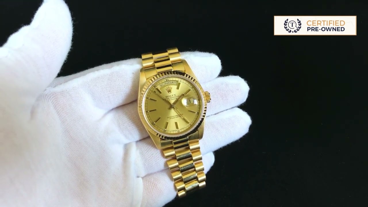 Pre-Owned Rolex 36mm Day Date in Yellow Gold with Sunray Champagne Dial on timetofind.com