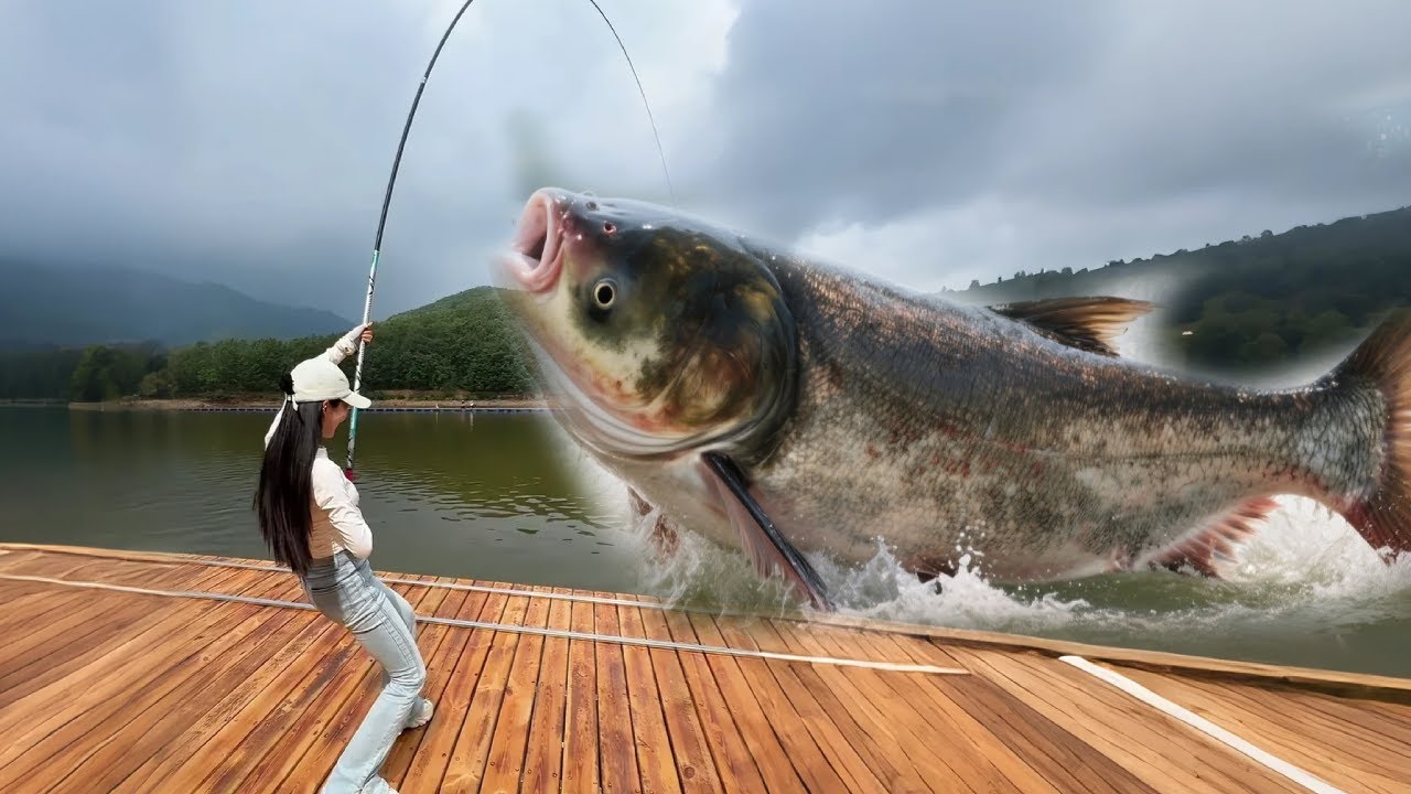 盘黑坑水库嚣张老板！钓费1000元仅限两小时！美女出手非凡，连钓三条百斤大鲢鳙，还险些钓起价值千元的金龙鱼
