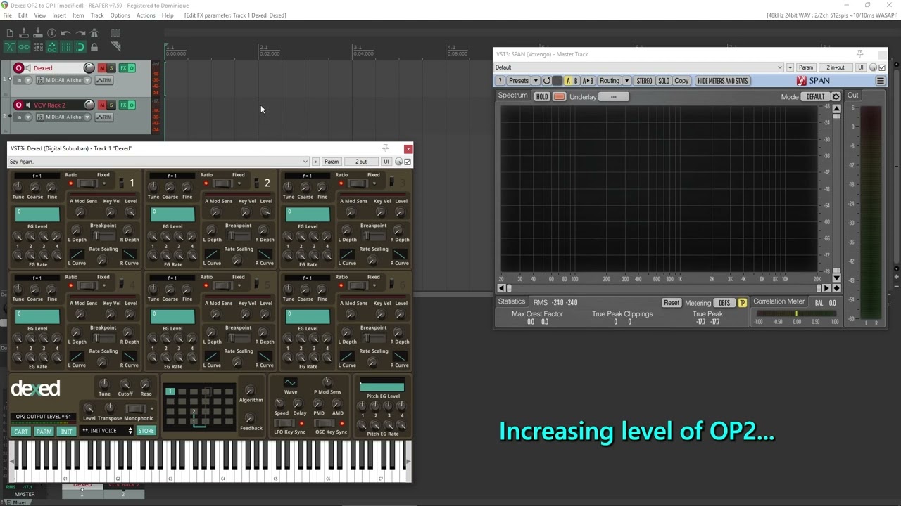 6OP-DX module for VCV Rack 2: C3 (Do 3) calibration vs. Dexed (VST3i plugin)