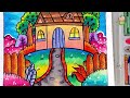 Pemandangan Rumah Mudah - Belajar Menggambar dan Mewarnai Gradasi Oil pastel