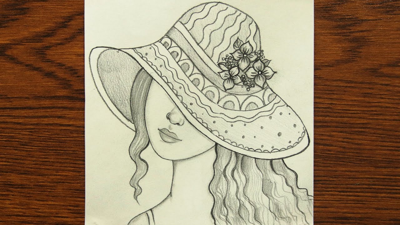 How to draw lady with a hat Easy A girl with hat Drawing YouTube
