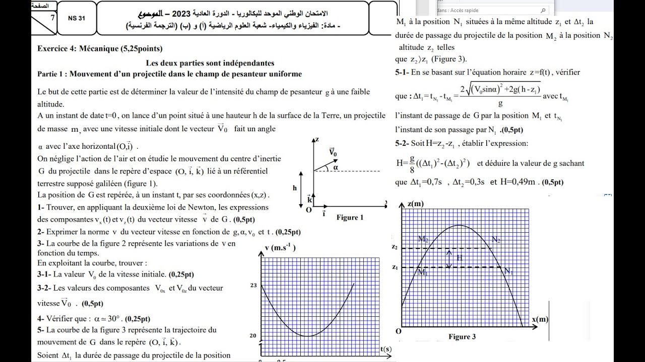 Exercice de mécanique correction d’examen   SM 2023 normal partie projectile 2 bac