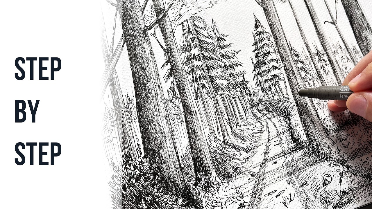 Рисование лесной тропинки с использованием атмосферной перспективы
