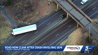 Crash involving jackknifed semi-trailer causes traffic backup on Turner Turnpike