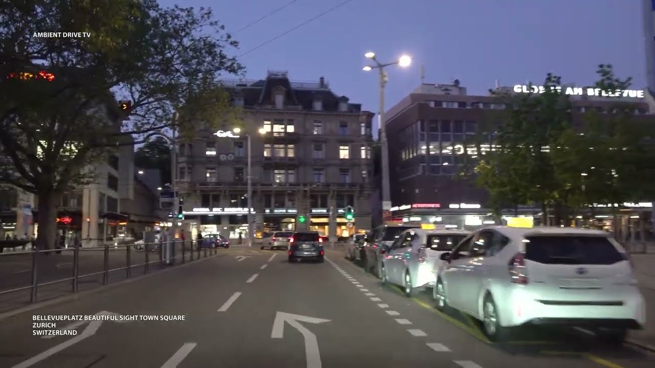 DRIVING ZURICH SWITZERLAND 4K - BELLEVUEPLATZ BEAUTIFUL SIGHT TOWN SQUARE - AMBIENT DRIVE TV