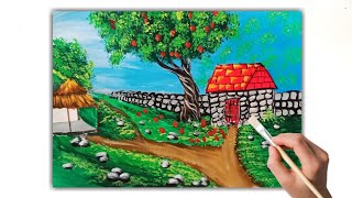 Painting of a stone house and apple trees//  Landscape painting for beginners // Mahima art Life