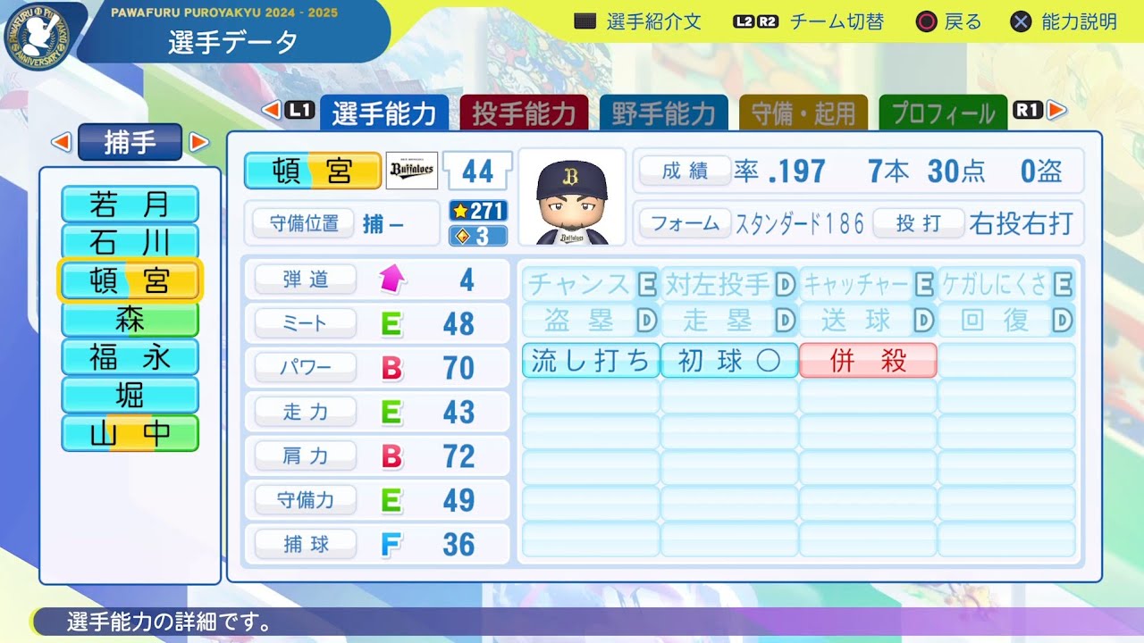 パワプロ2025選手名鑑/NPB25Stats】オリックス 44 頓宮裕真選手 