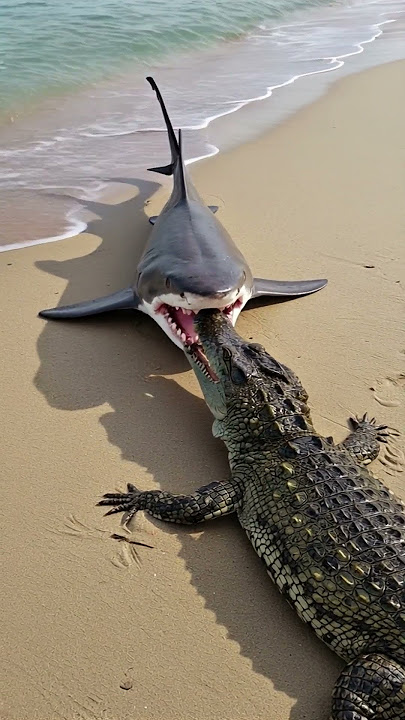 Giant Shark Leaps from Water to Hunt Crocodile on the Sand!