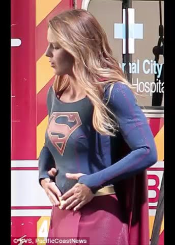 Melissa Benoist suits up as Supergirl on set