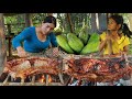 Survival skills- Mother grilled pork rib with chili salt for lunch-Cooking pork rib eating delicious