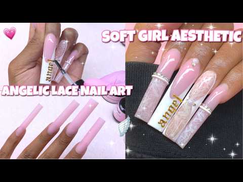 SOFT PINK ANGELIC LACE ACRYLIC NAILS 🎀🪽 EXTRA LONG NAILS + FRENCH TIP NAIL ART