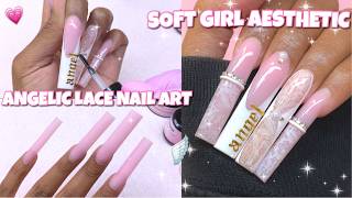 SOFT PINK ANGELIC LACE ACRYLIC NAILS 🎀🪽 EXTRA LONG NAILS + FRENCH TIP NAIL ART