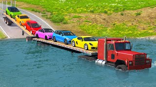 Double Flatbed Long Trailer Truck Rescue - Cars vs Deep Water and Potholes - BeamNG.drive