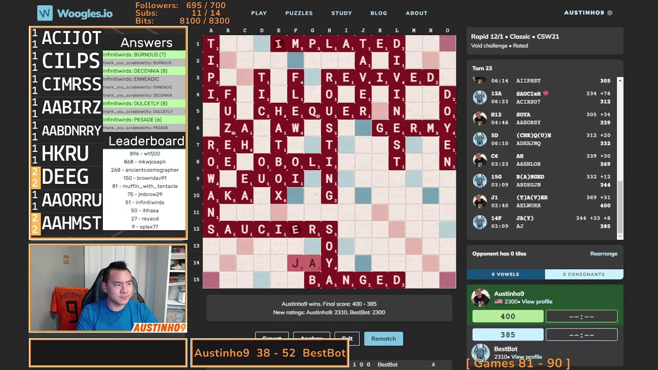BESTBOT THURSDAYS - WEEK 9: THE 100 GAME SERIES | !woogles !a9yt !iw