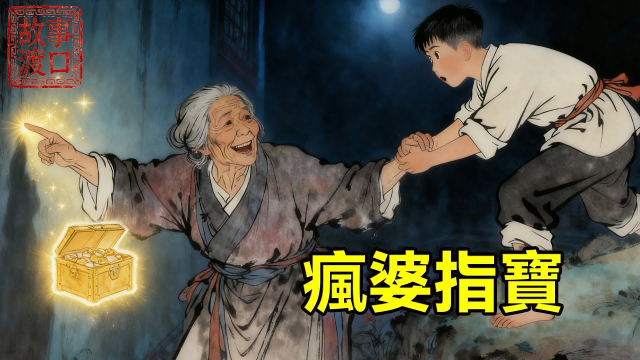 憨厚少年見瘋婆掉河拼命救起，還帶回家照料半月，被村民罵“引禍進門”。某夜瘋婆指牆笑說“這裡有寶”，拆牆竟露出前朝金庫，少年散財修橋，知縣親題“善心開福門”匾額！【故事渡口】#民間故事 #善有善報