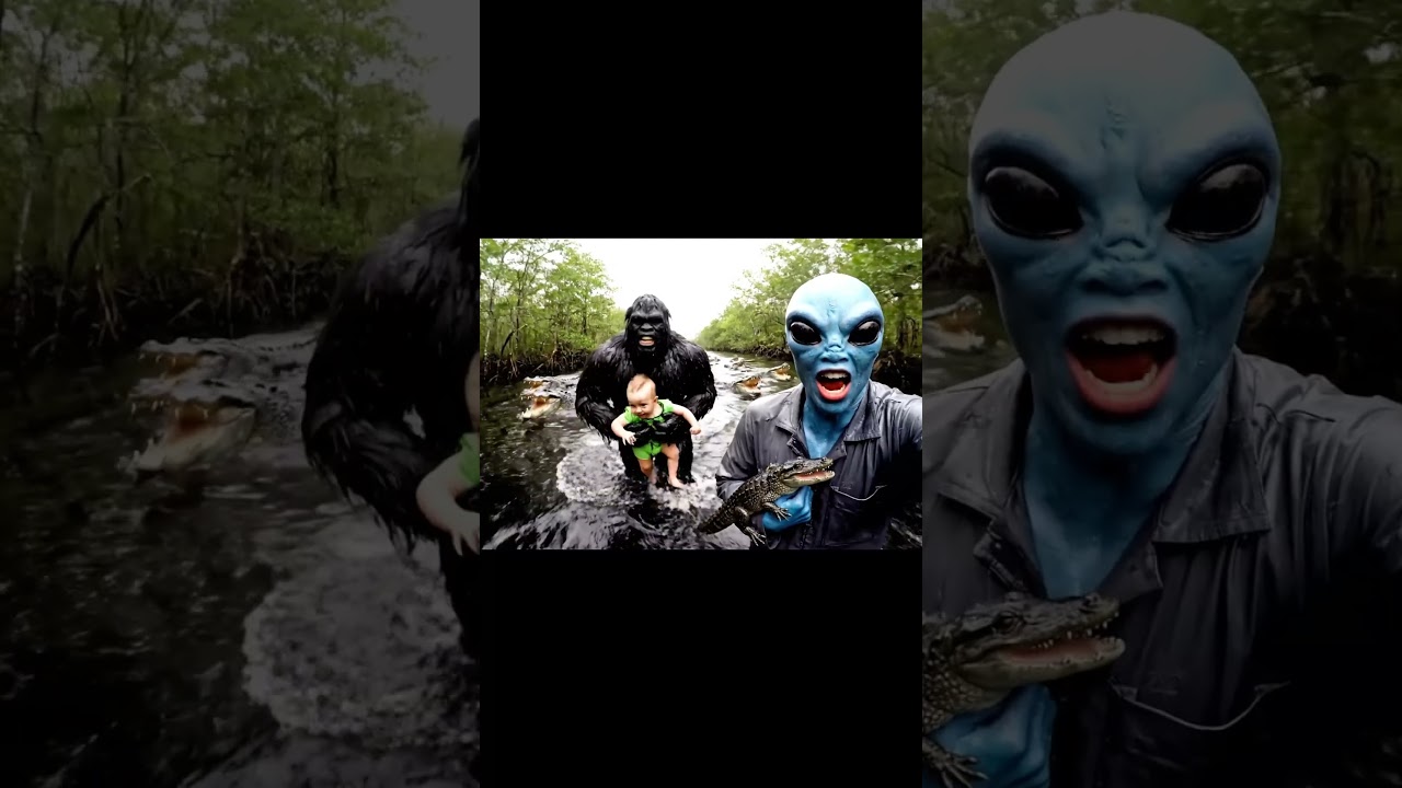 Crocodile Swamp Chaos Alien and Bigfoot Escape Scene 🐊👽👶🦍