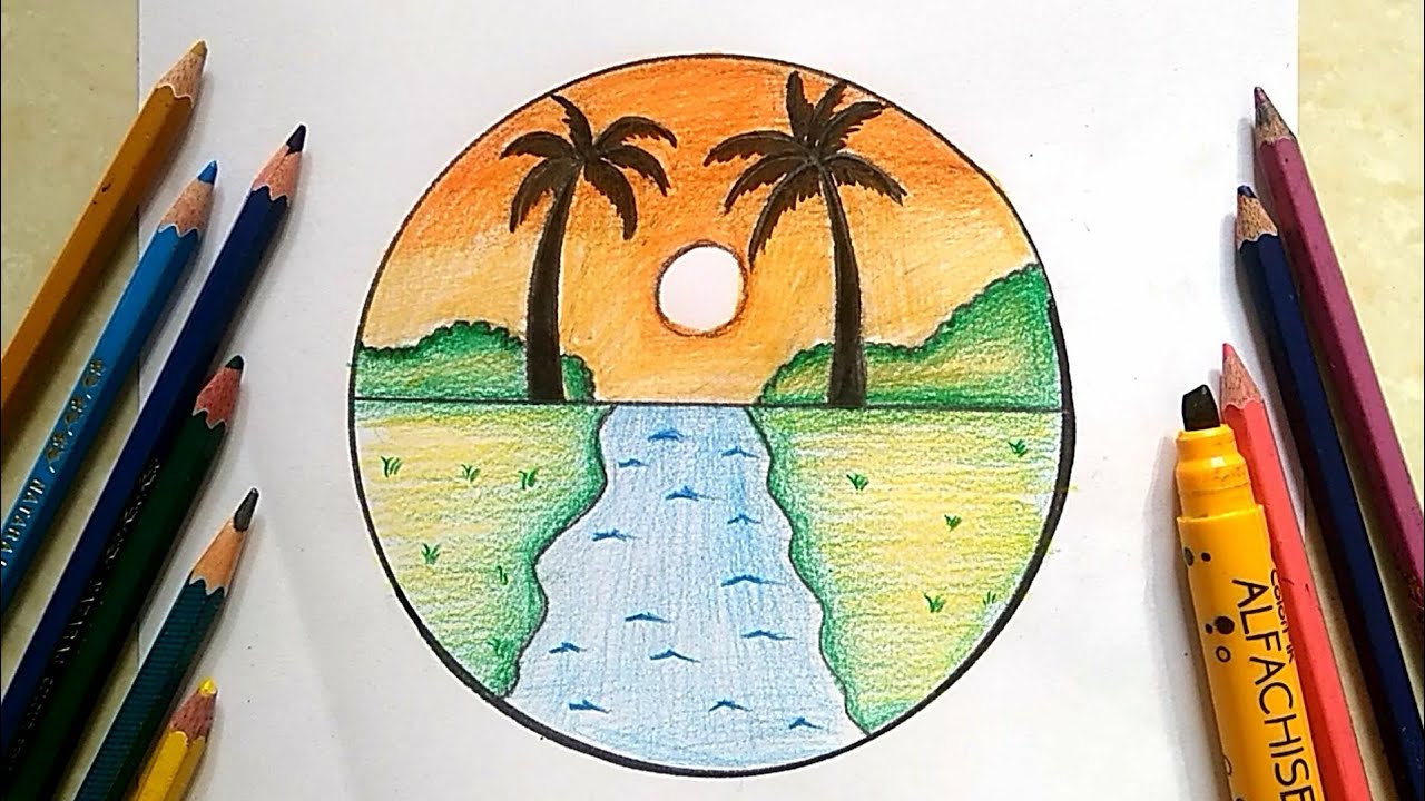 Circle scenery drawing easy sunset with pencil colours ☀️ - YouTube