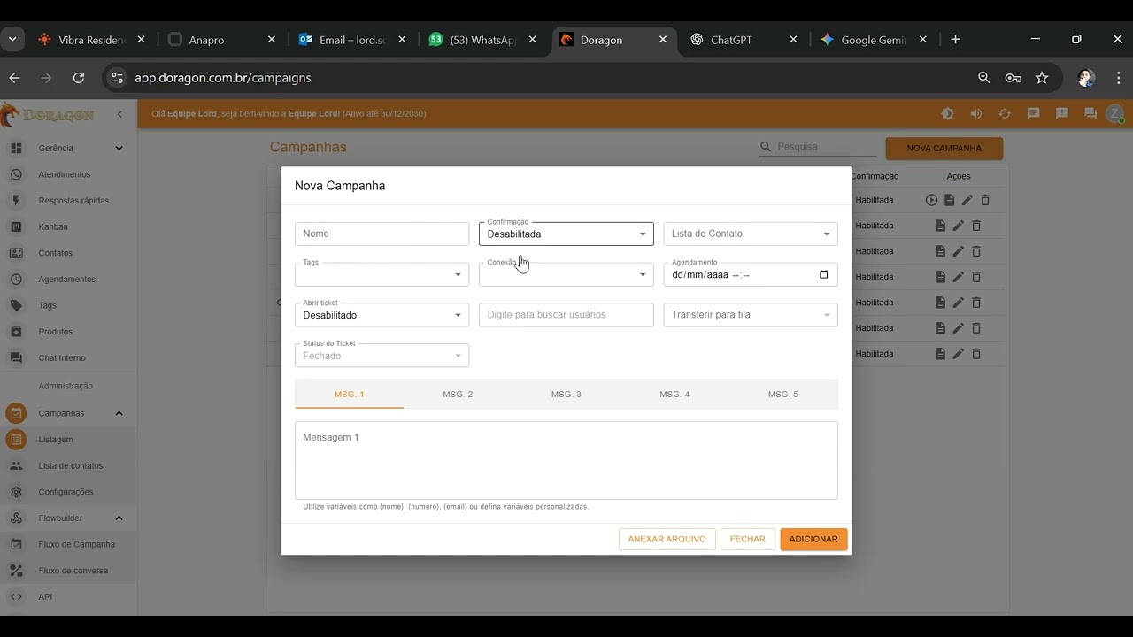 4   Campanha   Listagens   Listas de Contatos   Configurações