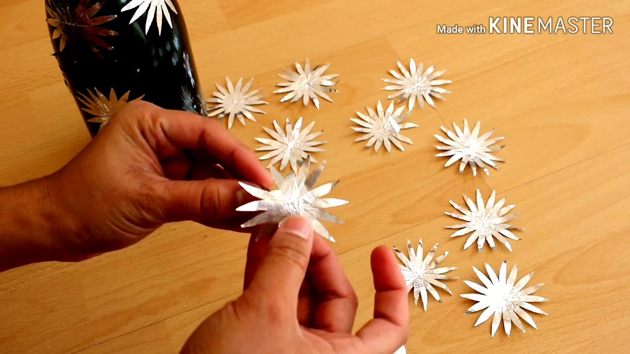 Aluminium foil flowers and reuse wine bottle crafting Idea YouTube