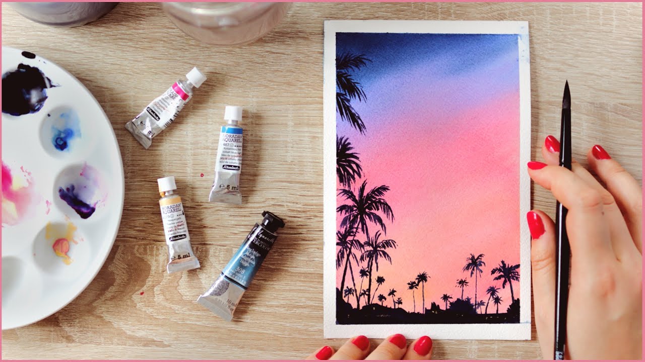 Watercolor Painting Ideas For Beginners - How To Paint A Cotton Candy Sunset With Palm Trees - Youtube