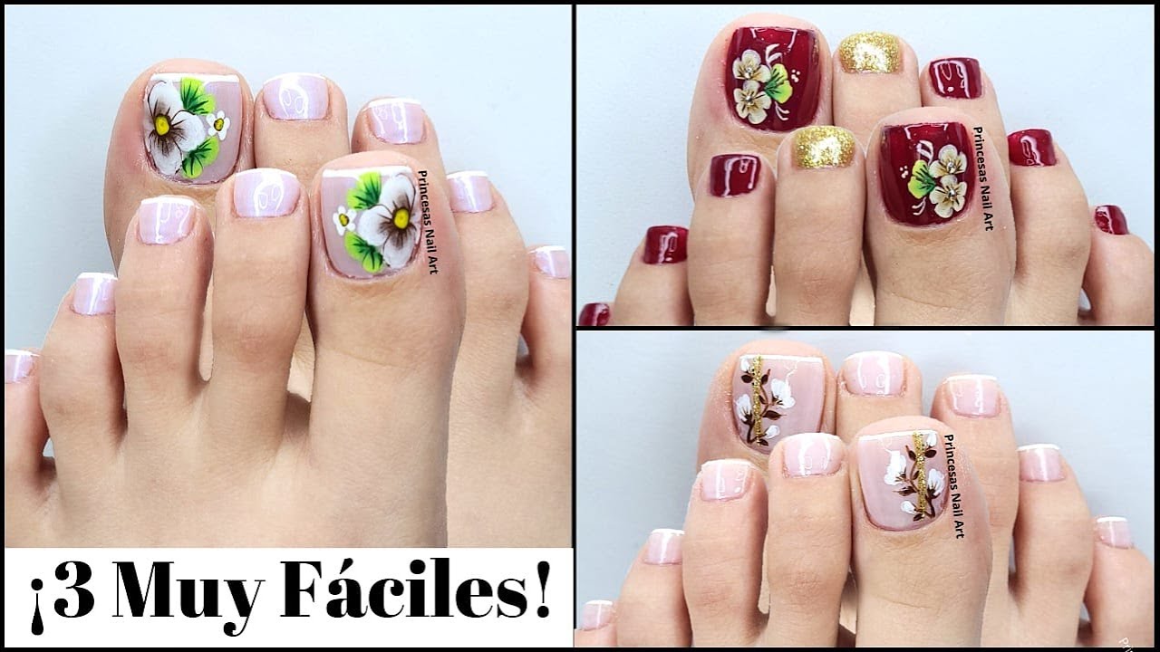 🔴 3 DISEÑOS de uñas de los PIES FÁCILES y BONITOS con FLORES 💐
