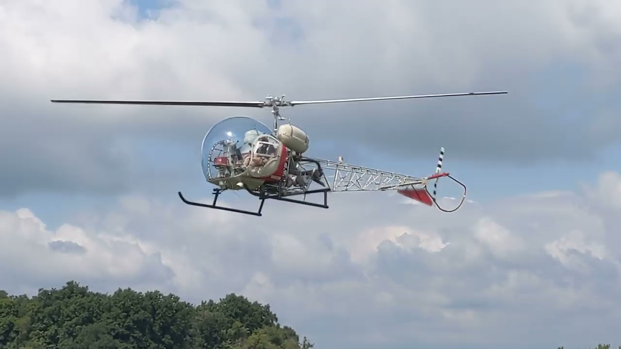 Bell 47 taking off at the local airport.
