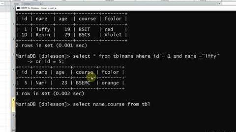 Lesson 2 4 SQL Query using xampp terminal retrieving data, and,or greater then,lessthan