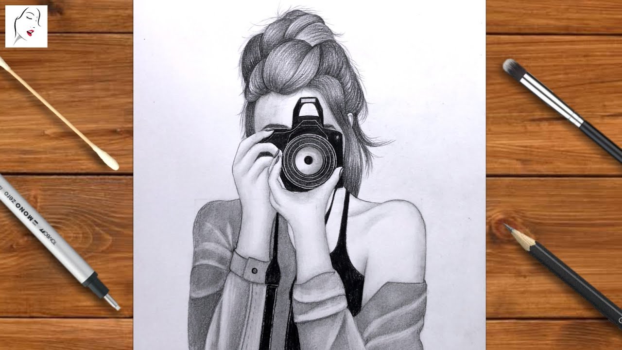 Premium Vector  Photographer man is using camera  pencil sketch