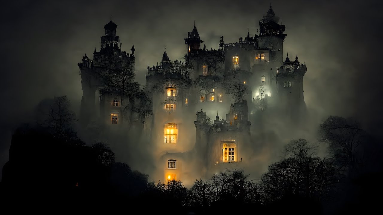 Night view of a mysterious castle with a vampire in the window